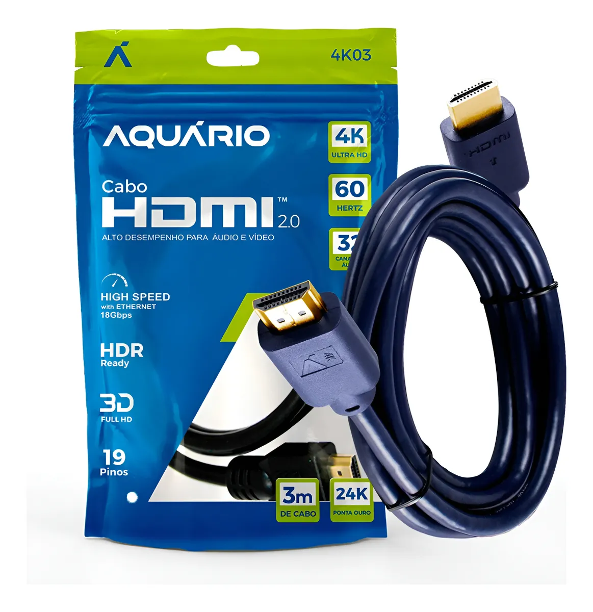 CABO HDMI 2.0 4K UTRA HD 3M 19 PINOS AQUARIO 4K03