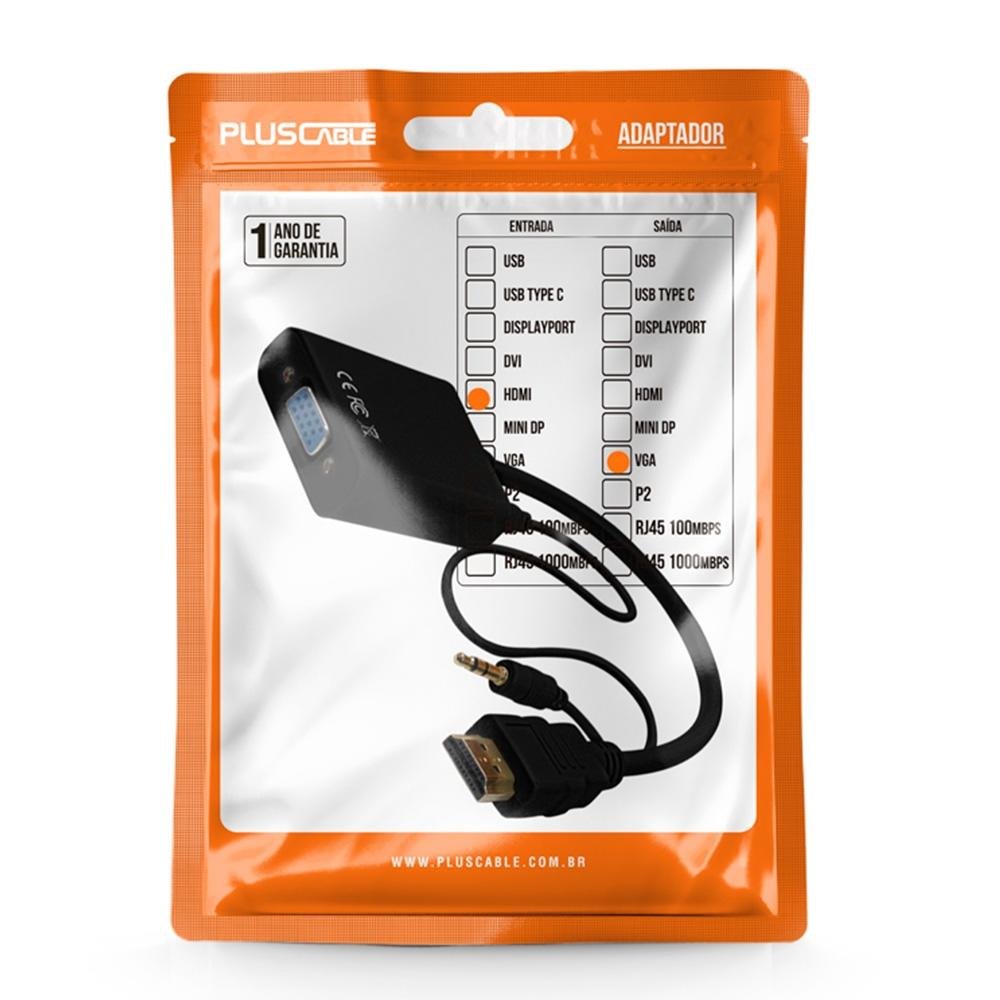 CABO ADAPTADOR CONVERSOR VIDEO HDMI M P/ VGA F + P2(AUDIO) ADP-HDMIVGA20BK PLUS CABLE