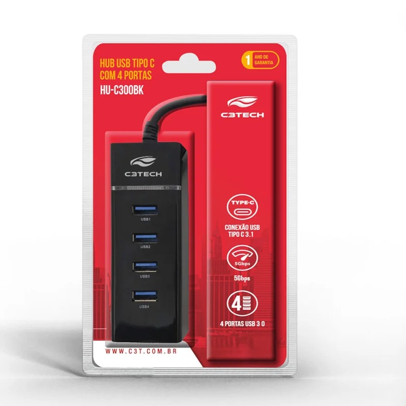 HUB USB 4 PORTAS USB 3.0 CONECTOR TIPO C 3.1 HU-C300BK PRETO C3 TECH