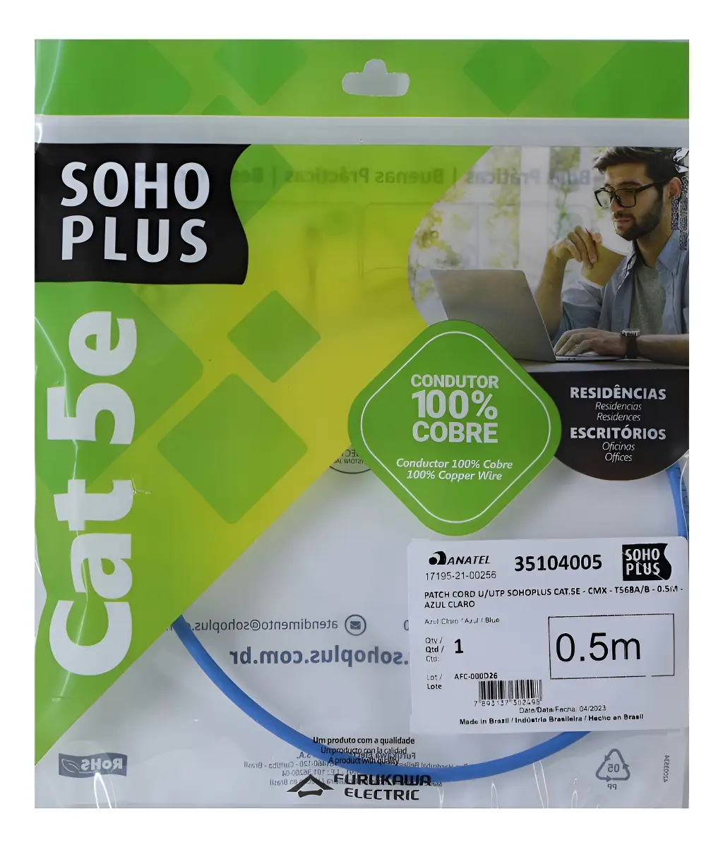 CABO DE REDE PATCH CORD CAT.5E 0,5M AZUL SOHO PLUS 35103002 FURUKAWA@