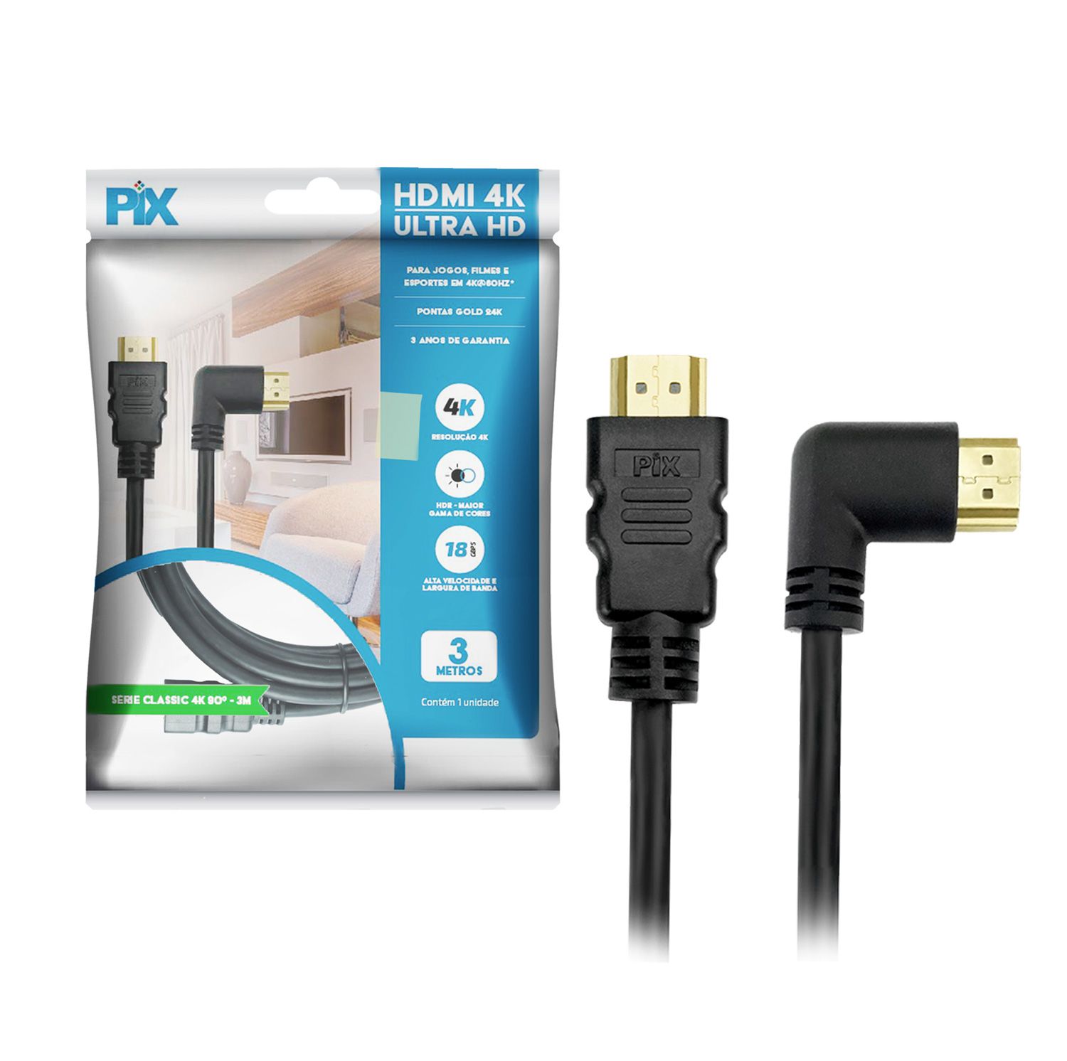CABO HDMI 2.0 ULTRA HD 4K 3M 1 CONECTOR 90GRAUS 018-3323 PIX
