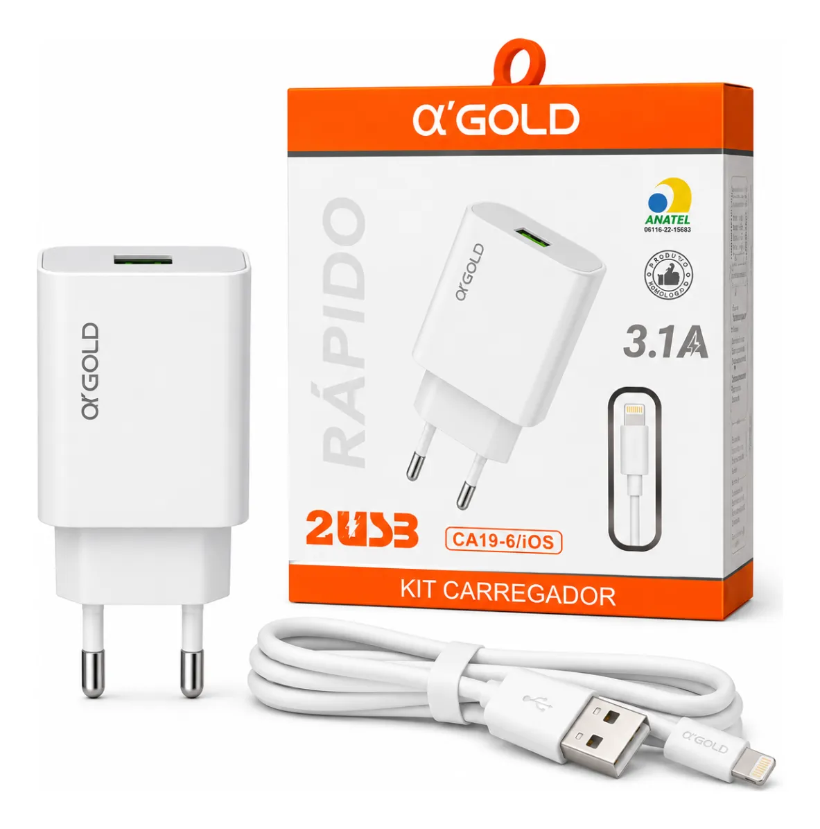 CARREGADOR DE CELULAR 3.1A CABO MICRO USB CA19-5 A'GOLD