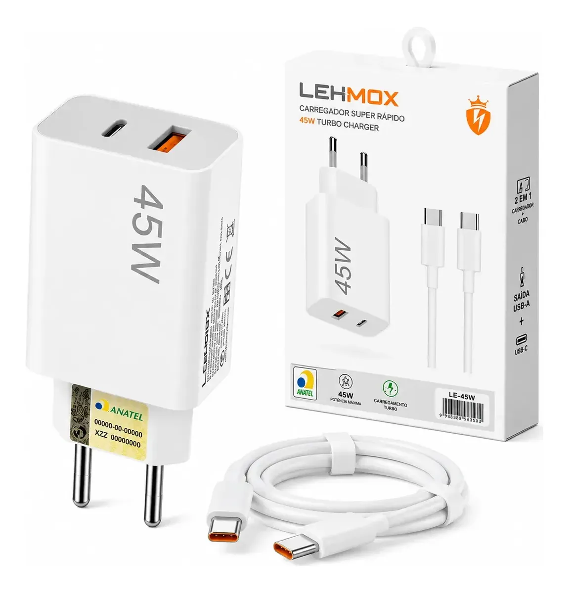 CARREGADOR DE CELULAR IPHONE TURBO 45W USB+USB-C LE-405 A+IOS LEHMOX