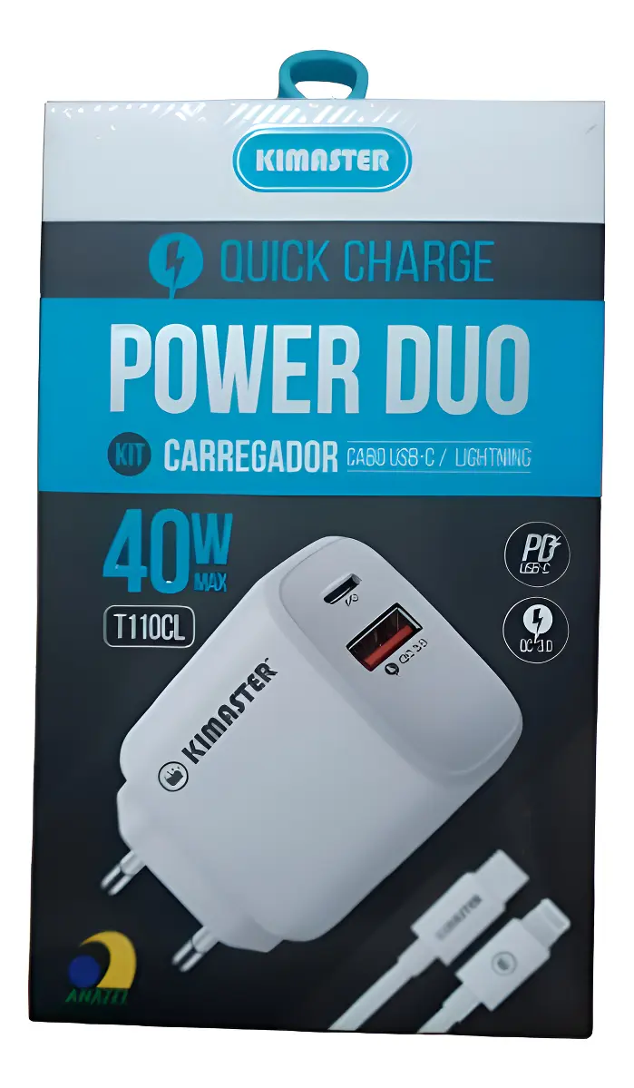 CARREGADOR DE CELULAR KIMASTER IPHONE TURBO 40W 1USB+USB-C T110CL