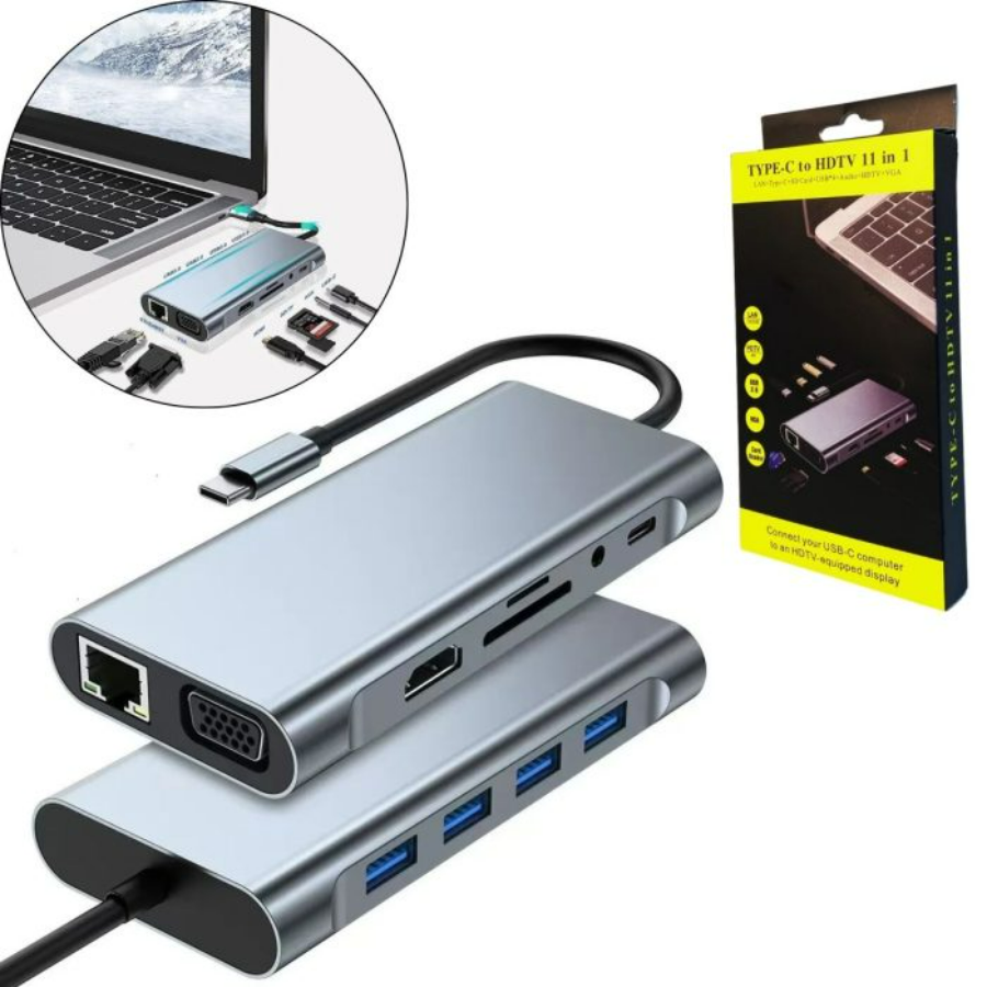 HUB TIPO C MULTIPORTA 11 EM 1 PARA MACBOOK HDMI 4K 4USB 3.0/HDMI/VGA/LAN/USB-C/PD/SD/TF/HDTV