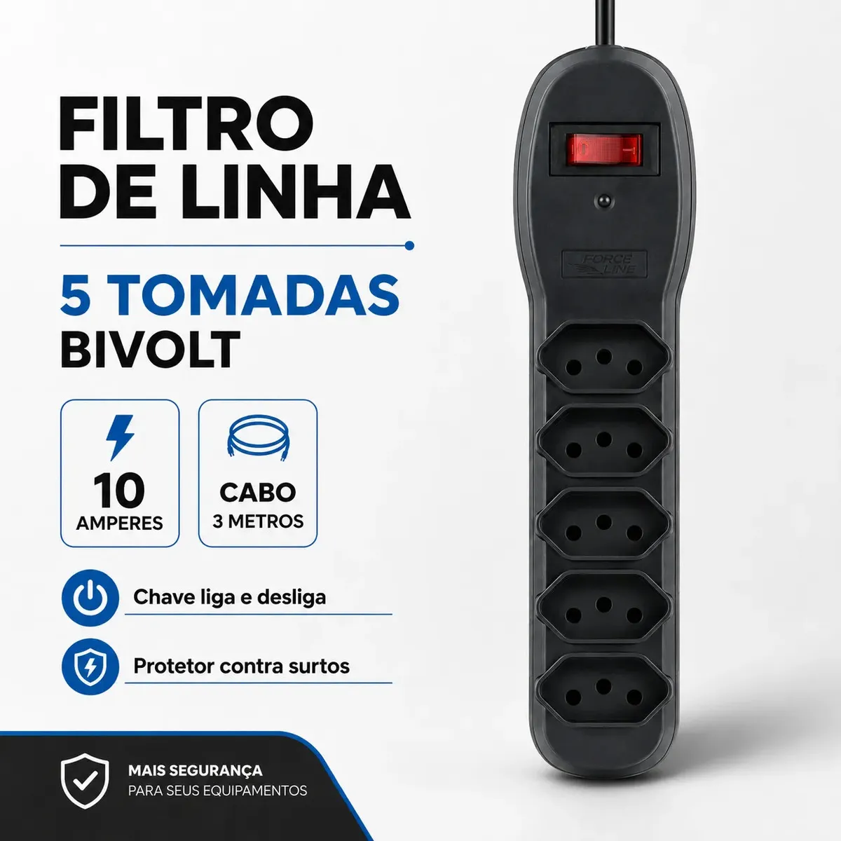 REGUA PROTETOR COM 5 TOMADA BIV 3.0M 7202 FORCE LINE