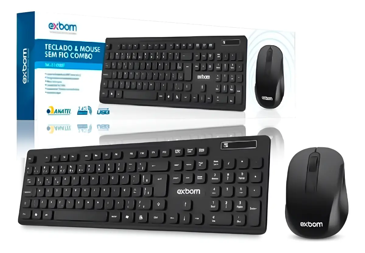 TECLADO E MOUSE SEM FIO 2.4 GHZ MULTIMIDIA ABNT2 SLIM EXBOM BK-S1000F